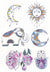 Celestial Set Spiritual Symbols Sun Moon Hamsa Elephant 6" x 8 1/2" Waterproof Temporary Tattoos