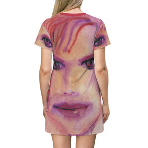 Dreamy Cerise Watercolor Portrait Women's All Over Print T-Shirt Dress