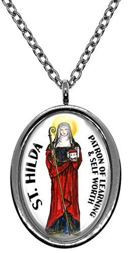 My Altar Saint Hilda Patron of Learning and Self Worth Silver Stainless Steel Pendant Necklace