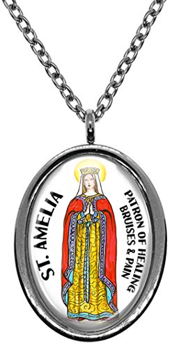 My Altar Saint Amelia Patron of Healing Bruises & Pain Silver Stainless Steel Pendant Necklace