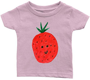 Whimsical Strawberry Cartoon Infant or Toddler T-shirt with Optional Name or Message Personalization Customization