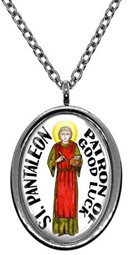 My Altar St. Pantaleon Patron Saint of Good Luck Silver Stainless Steel Pendant Necklace