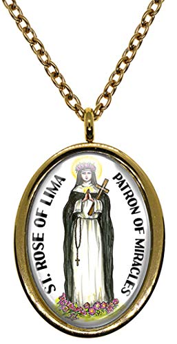 My Altar Saint Rose of Lima Patron of Miracles Gold Stainless Steel Pendant Necklace