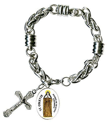 St Colette for Healthy Childbirth Charm & Cross Stainless Steel 7" to 8" Bracelet