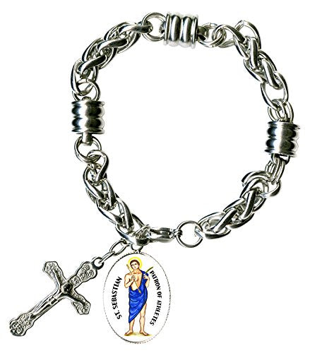 St Sebastian for Athletes Charm & Cross Stainless Steel 7" to 8" Bracelet