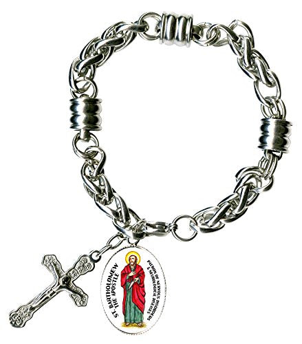 St Bartholomew Apostle of Nervous Disorders Charm & Cross Stainless Steel 7" to 8" Bracelet