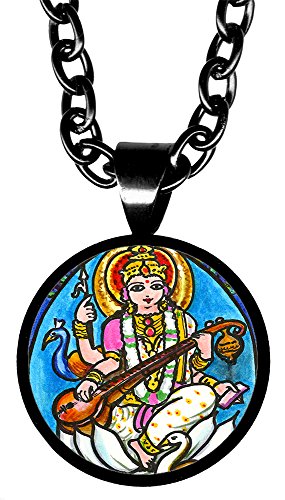 Goddess Saraswati of Arts 5/8" Mini Stainless Steel Black Pendant Necklace