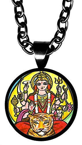 Goddess Durga Divine Force 5/8" Mini Stainless Steel Black Pendant Necklace