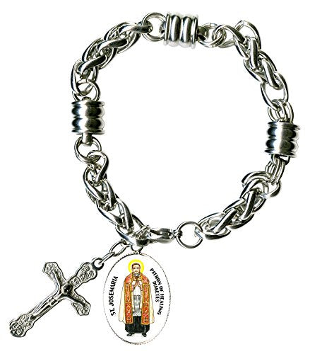 St Josemaria Patron of Healing Diabetes Charm & Cross Stainless Steel 7" to 8" Bracelet