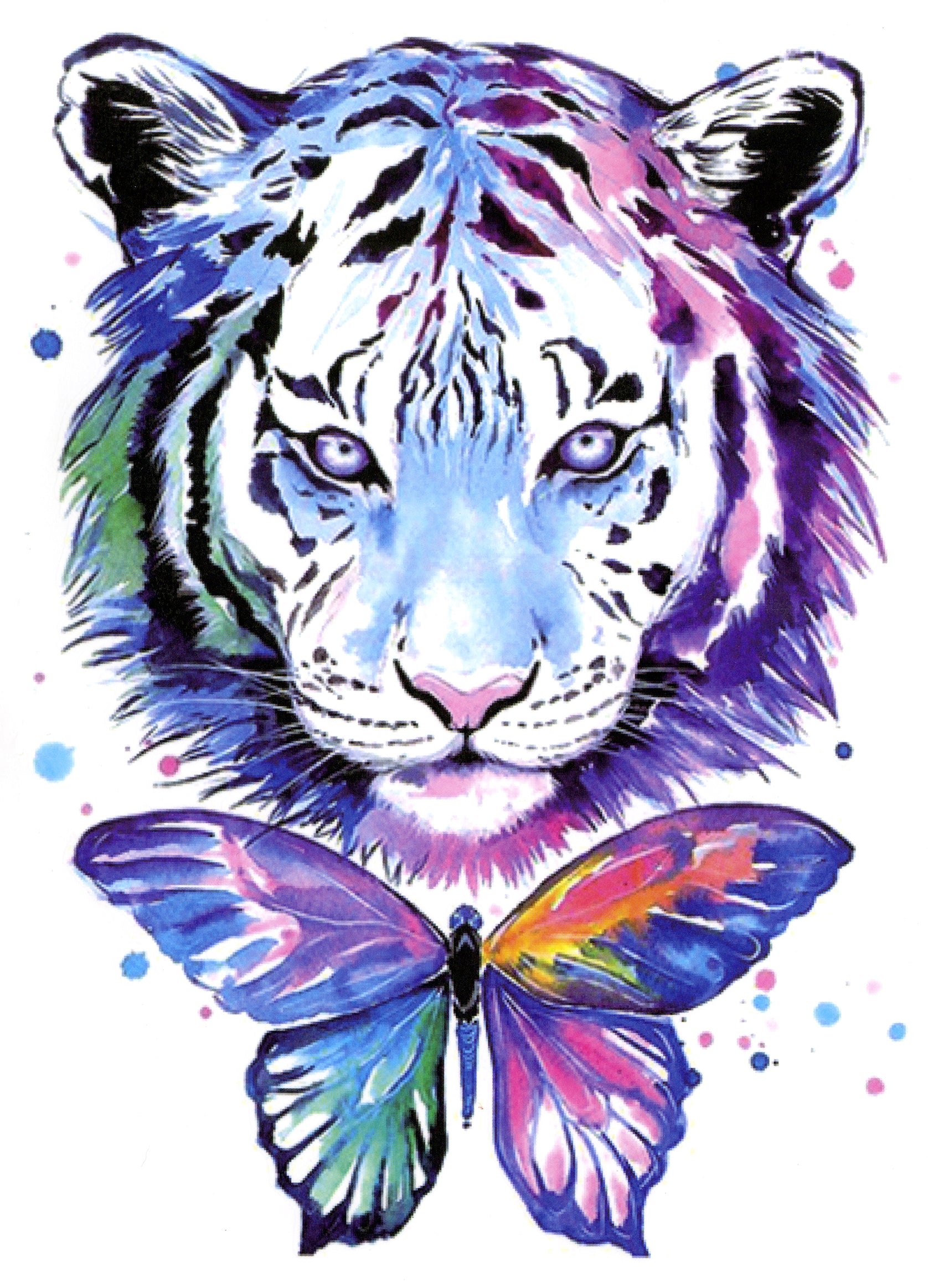 Tiger Butterfly Free Spirit Colorful Boho 5" x 7 1/2" Waterproof Temporary Tattoos
