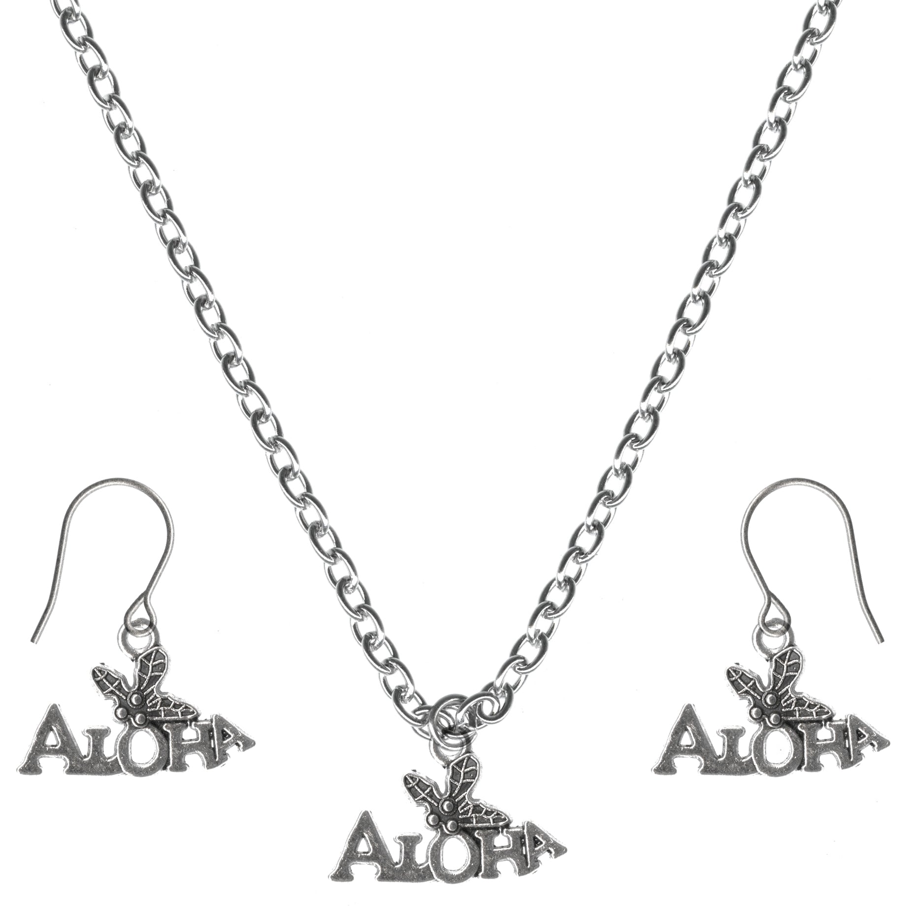 Aloha Charm Steel Chain Necklace and Hypoallergenic Titanium Earrings Set