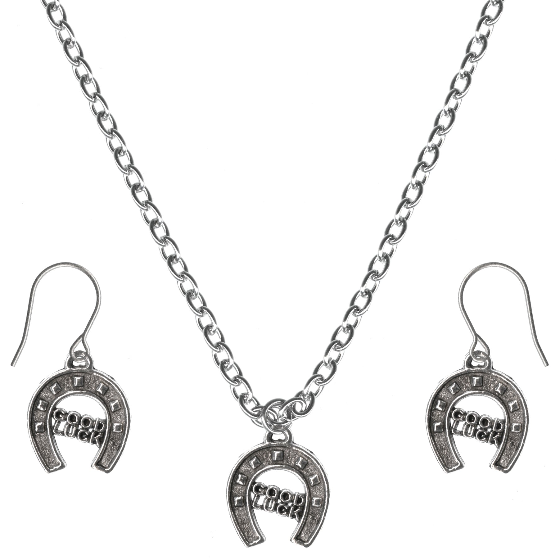 Good Luck Horseshoe Charm Steel Chain Necklace and Hypoallergenic Titanium Earrings Set