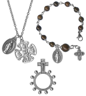 Choose Your Custom Genuine Gemstone Rosary Bracelet of the Miraculous Medal of Mary 4 Way Crucifix 3 Piece Gift Set with Necklace and Finger Rosary