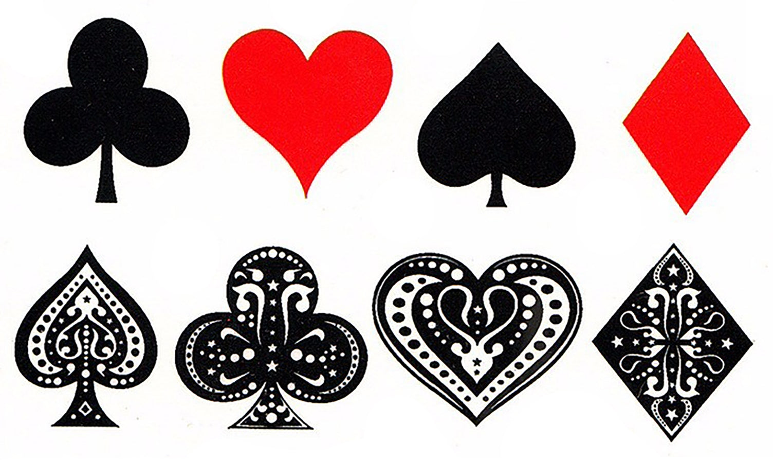 Suits Playing Card Symbols Waterproof Temporary Tattoos 2 Sheets