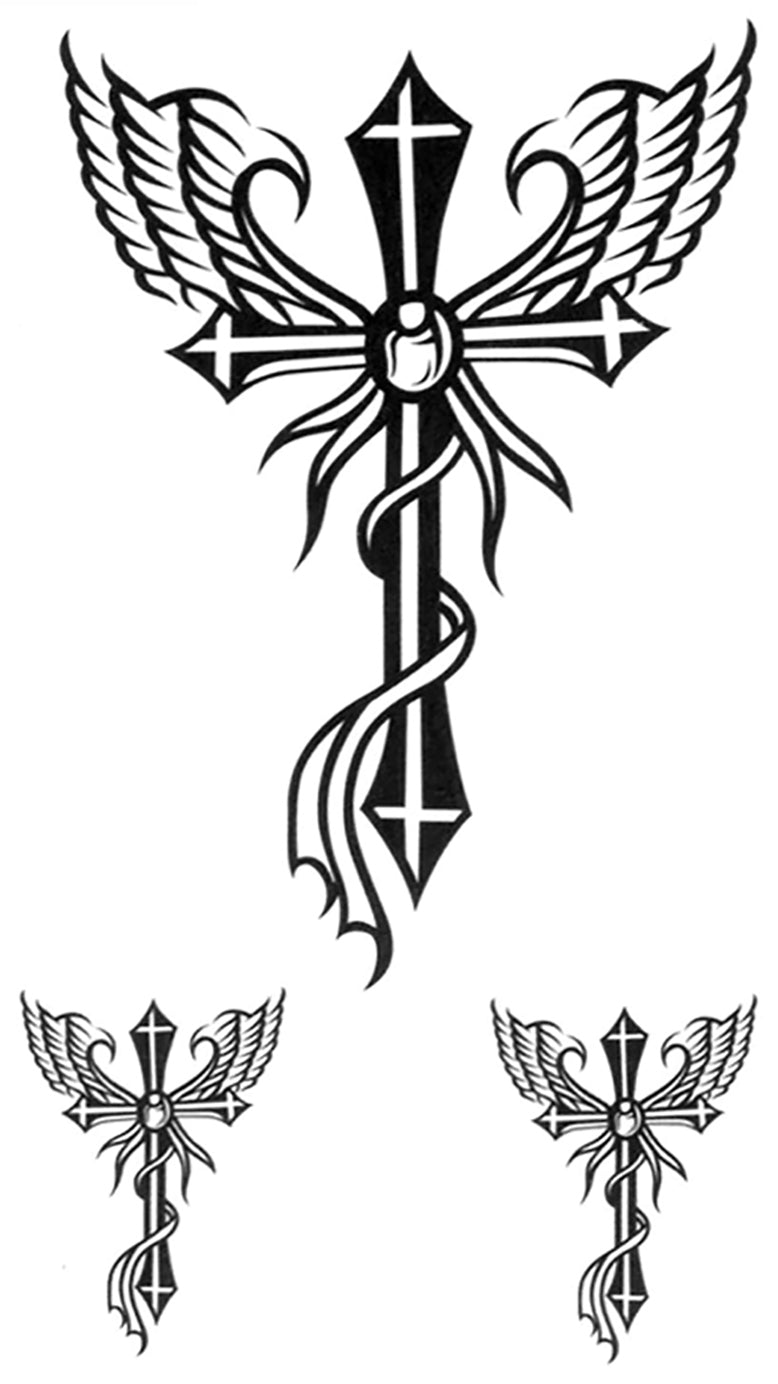 Winged Angel Cross Crucifix Waterproof Temporary Tattoos 2 Sheets