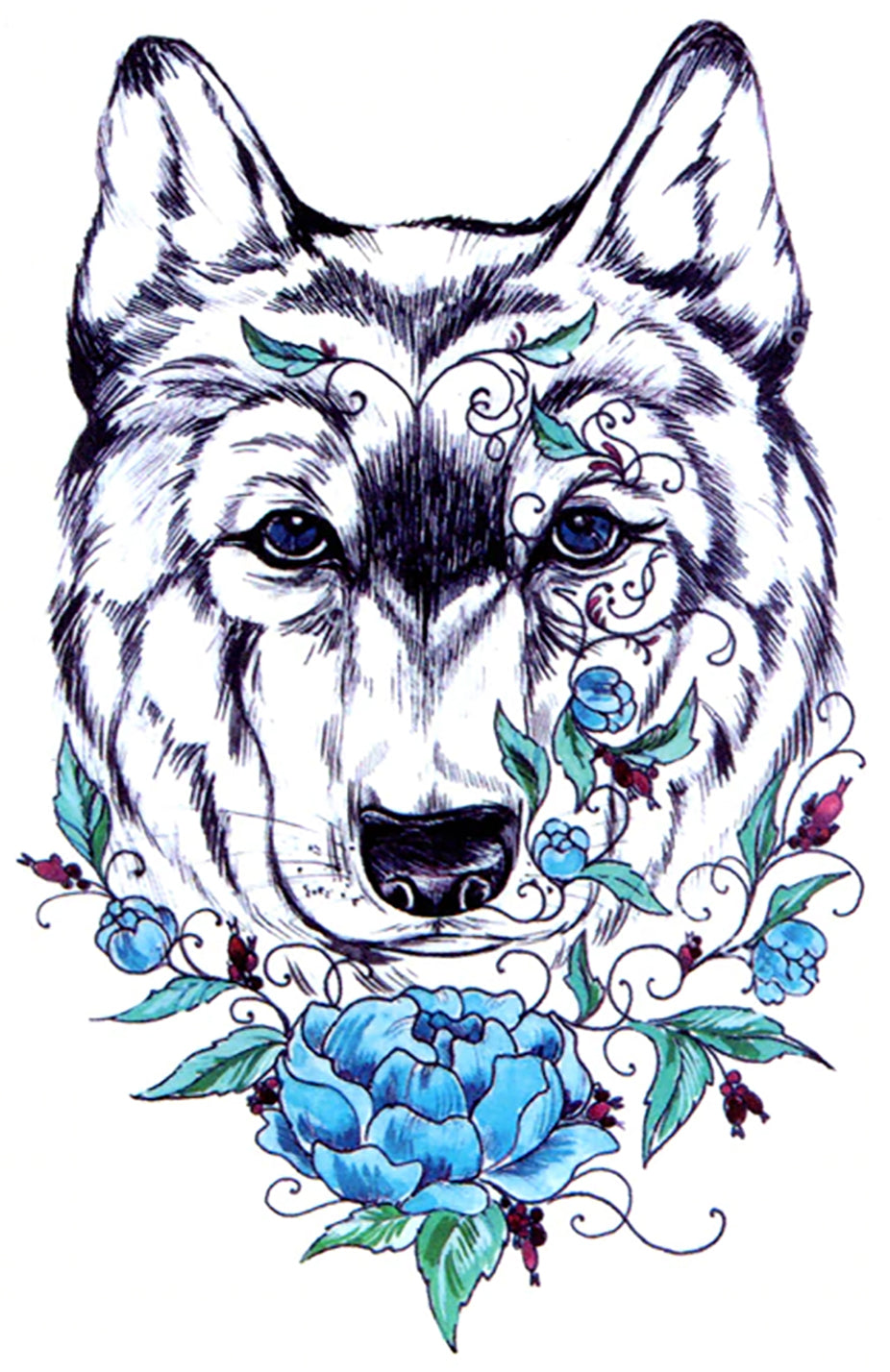 Wolf Blue Rose Waterproof Temporary Tattoos 2 Sheets