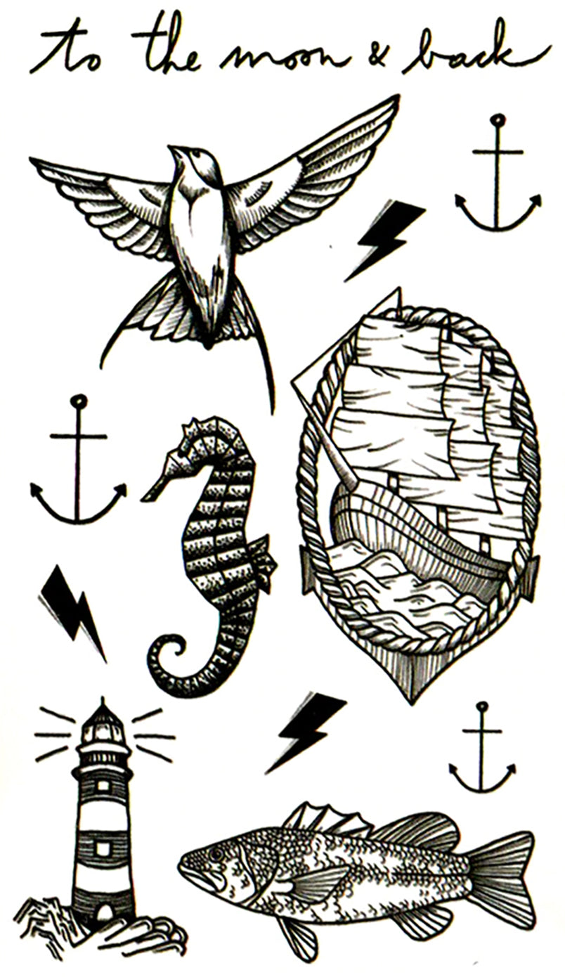 Nautical Ocean Sealife Theme Set Waterproof Temporary Tattoos 2 Sheets