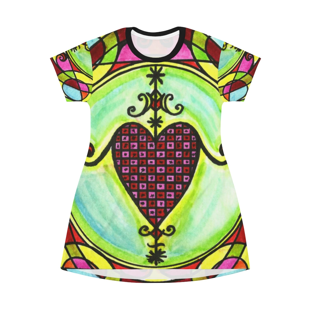 Erzulie Dantor Veve Protection Vindication Love Voodoo Women's All Over Print T-Shirt Dress