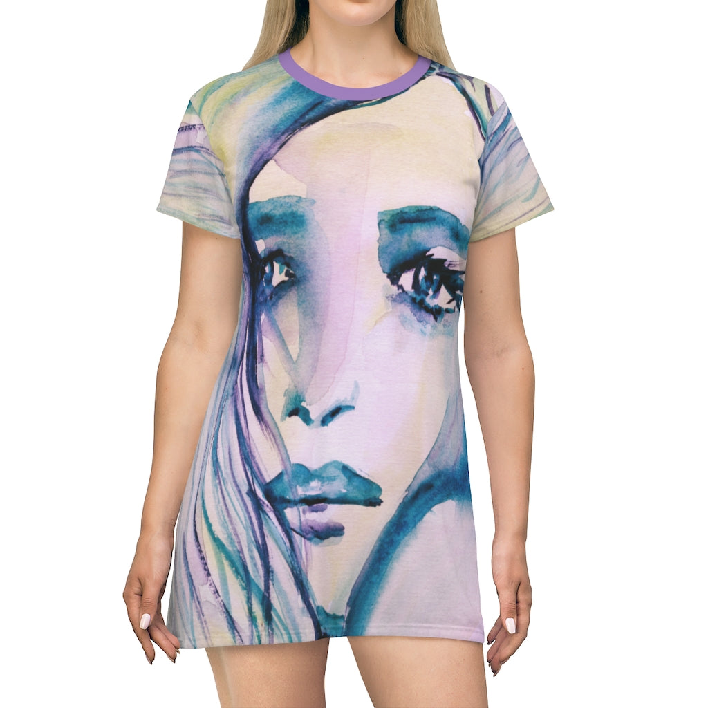 Dreamy Watercolor Portrait Women's All Over Print T-Shirt Dress
