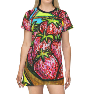 Strawberries Illustration Women's All Over Print T-Shirt Dress