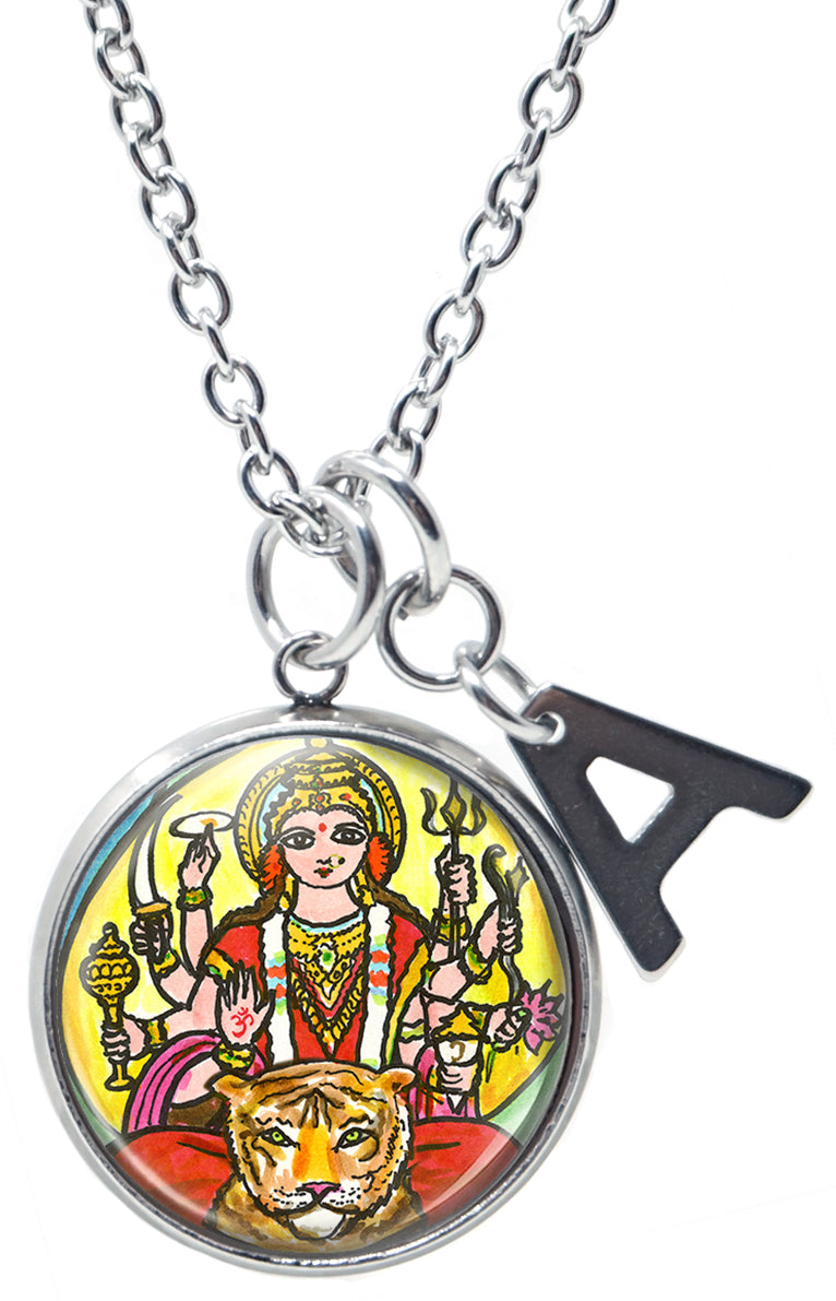 My Altar Goddess Durga of Divine Force Pendant & Initial Charm Steel 24" Necklace