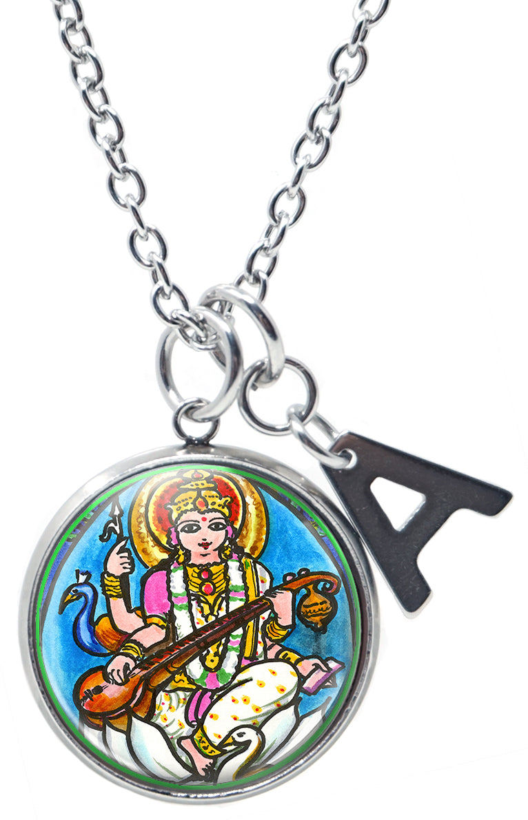 My Altar Goddess Saraswati Knowledge Music Arts & Initial Charm Steel 24" Necklace