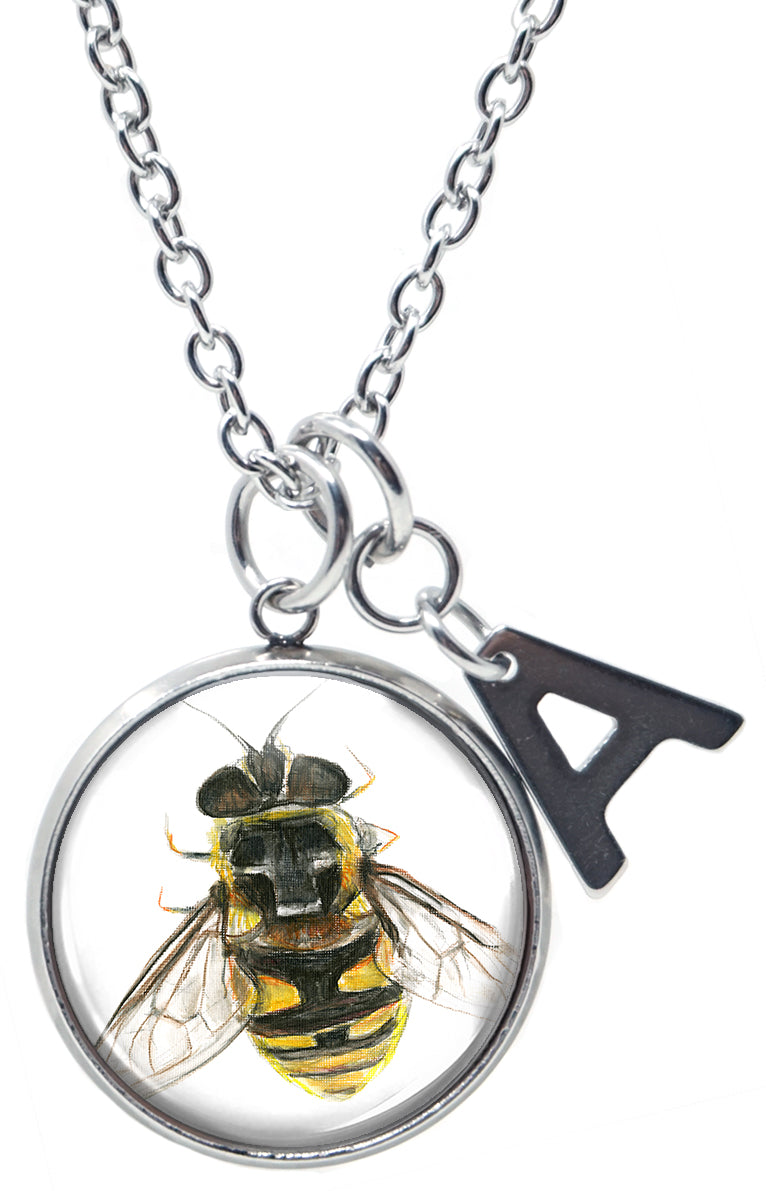 Bumble Bee Pendant & Initial Charm Steel 24" Necklace