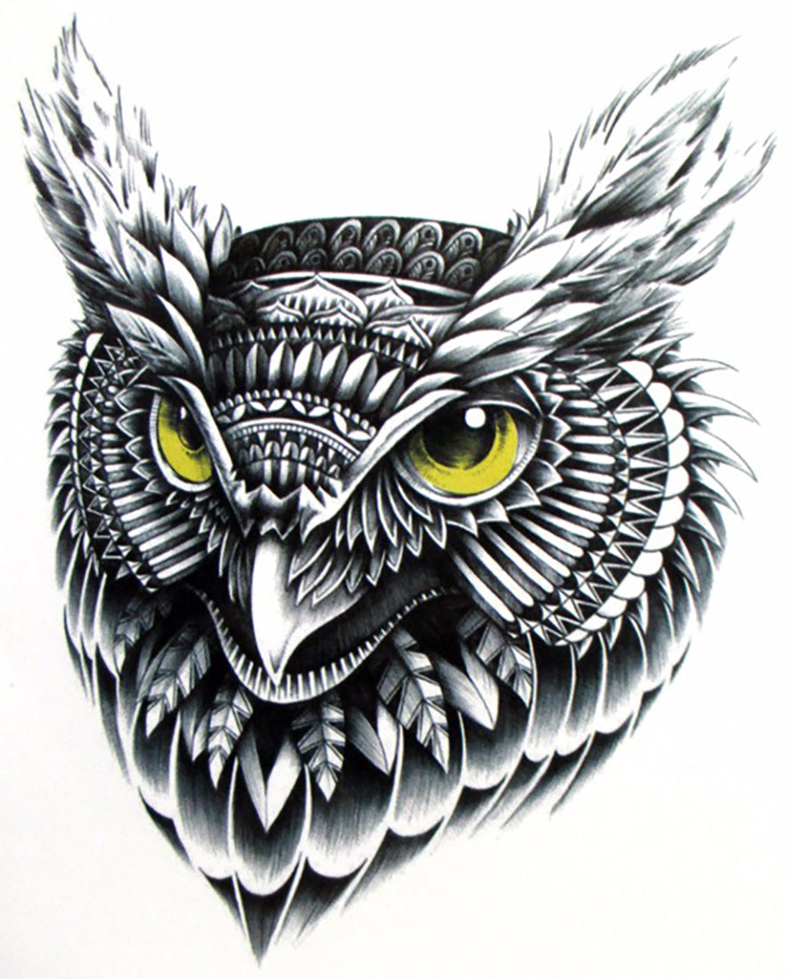 Owl Portrait Tribal Magic Totem Design Large 5" x 6 1/2" Waterproof Temporary Tattoos