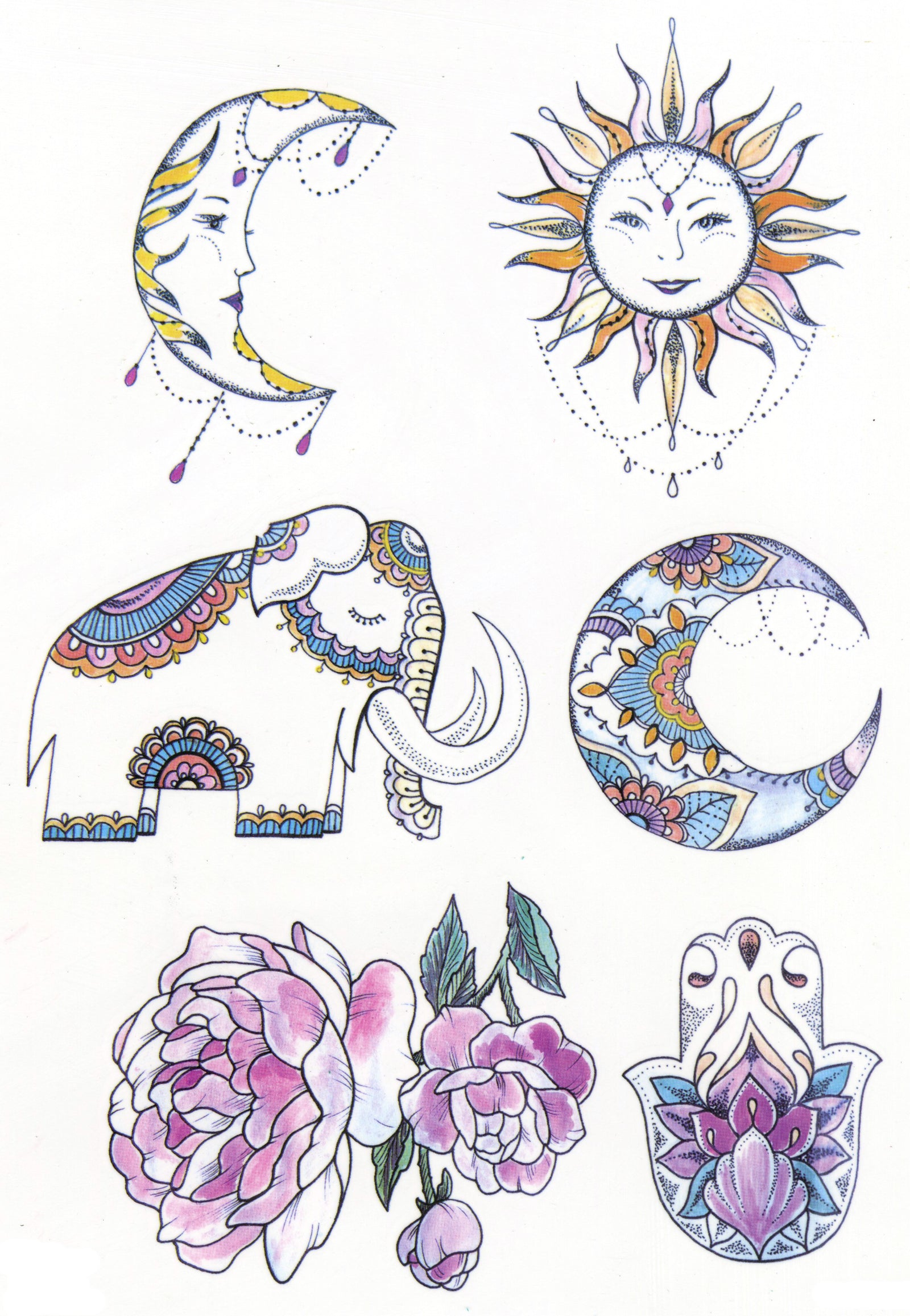Celestial Set Spiritual Symbols Sun Moon Hamsa Elephant 6" x 8 1/2" Waterproof Temporary Tattoos