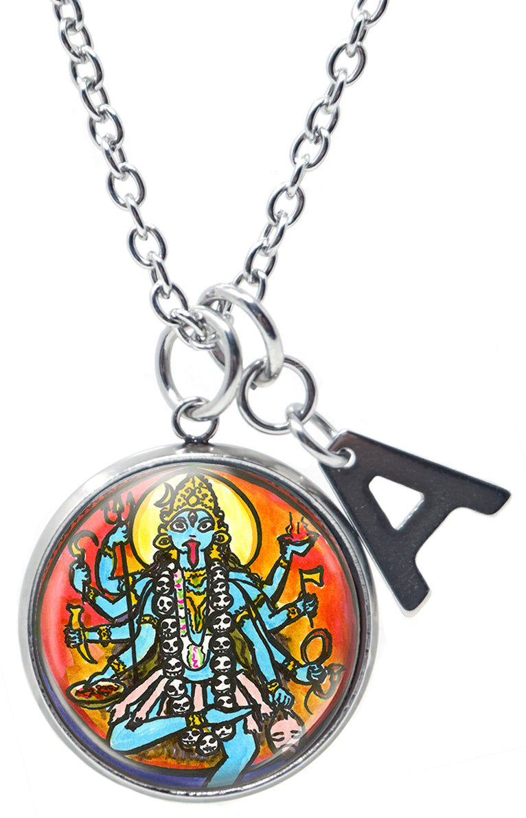 My Altar Goddess Kali Loving Mother Fierce Warrior & Initial Charm Steel 24" Necklace