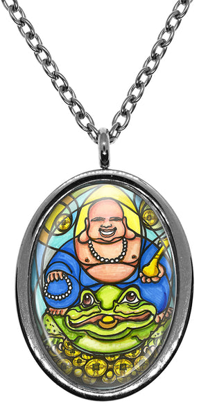 My Altar Good Luck Fortune Frog Buddha Black Stainless Steel Pendant Necklace