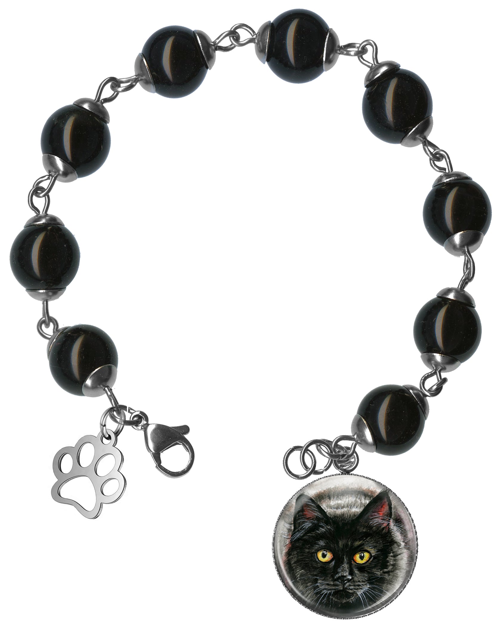 Black Cat Pet Portrait Charm Silver Steel Gemstone Bracelet in Your Choice of Length and Gem