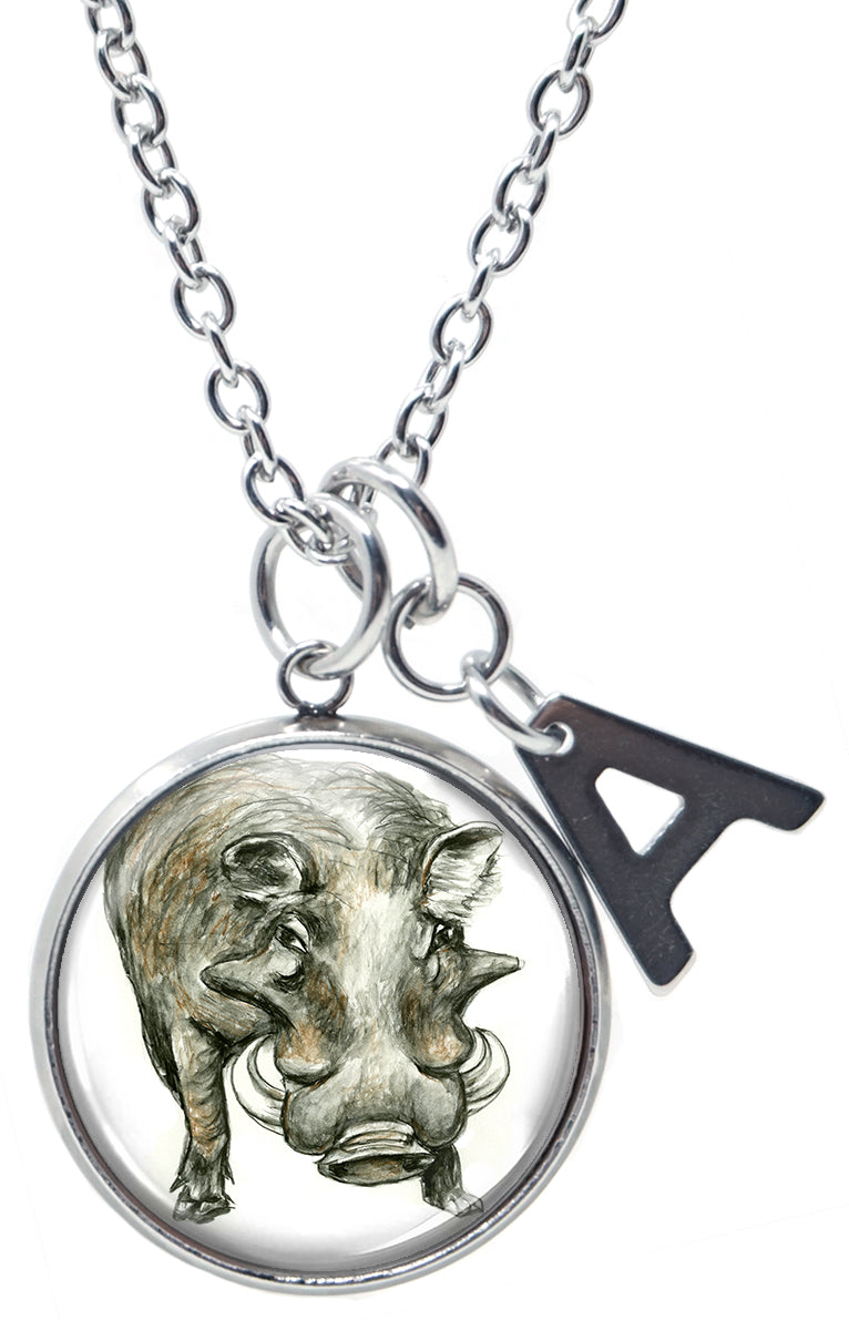 Wild Black Boar Pendant & Initial Charm Steel 24" Necklace