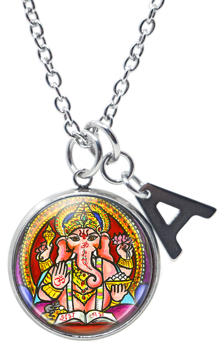 My Altar Lord Ganesh for Karma Pendant and Initial Charm Stainless Steel 24" Necklace
