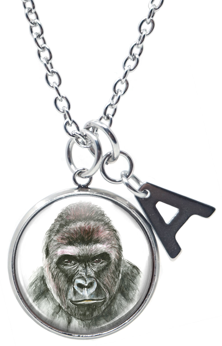 Gorilla Pendant & Initial Charm Steel 24" Necklace