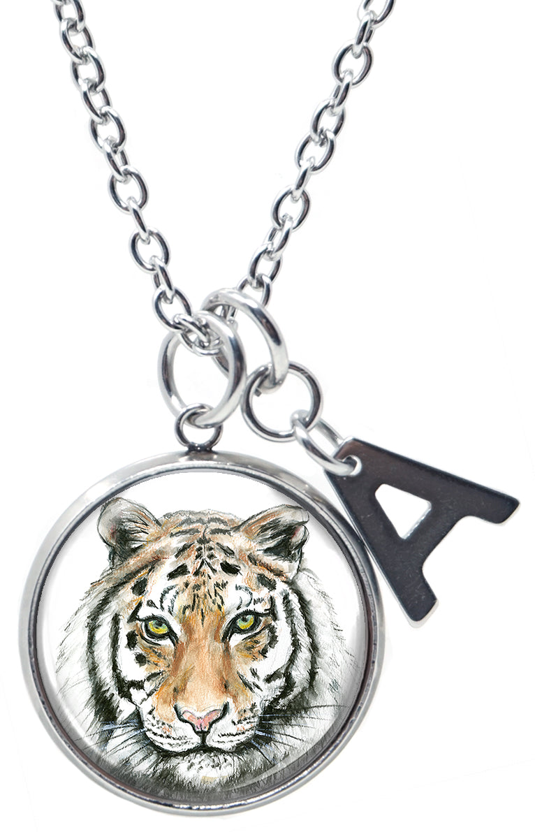 Tiger Pendant & Initial Charm Steel 24" Necklace