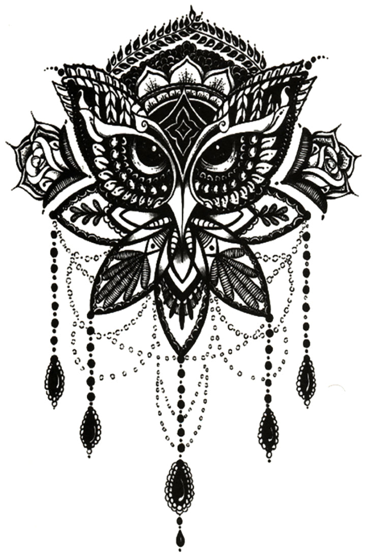 Owl Floral Tribal Animal Medicine Totem Large 4" x 6 1/2" Waterproof Temporary Tattoos