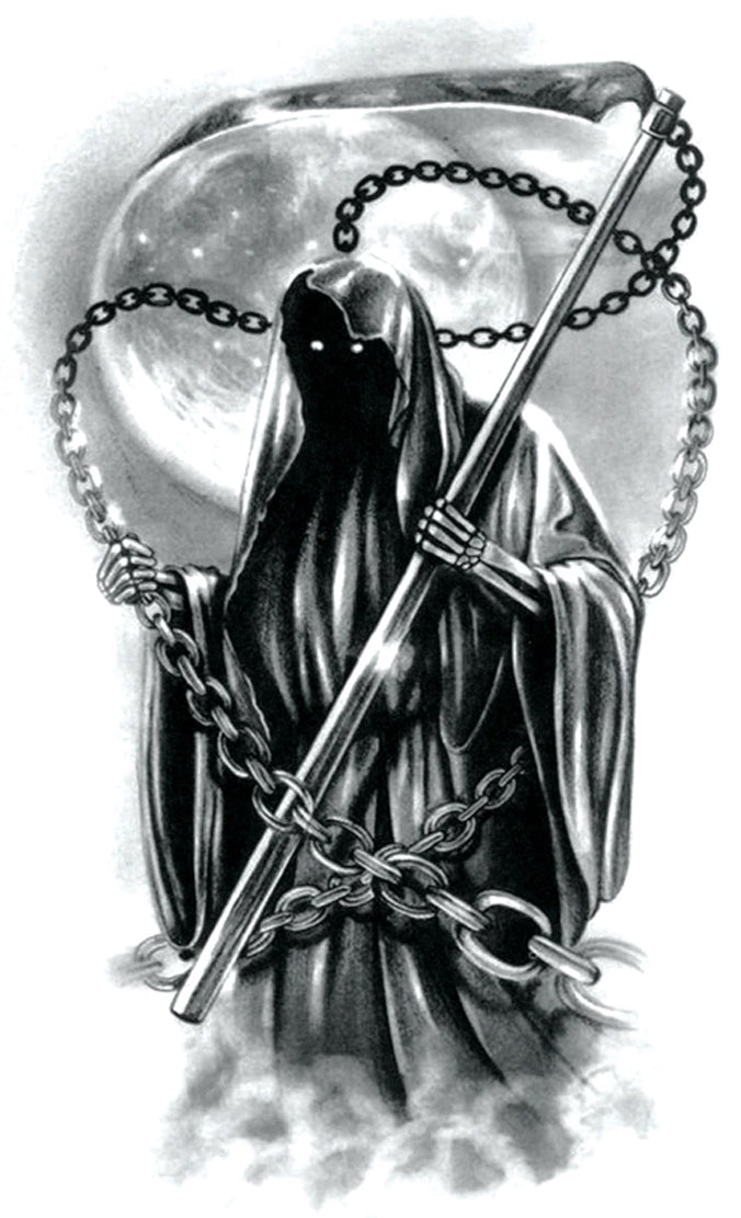 Grim Reaper Wraith with Chains of Power 4 1/2" x 7 1/2" Waterproof Temporary Tattoos
