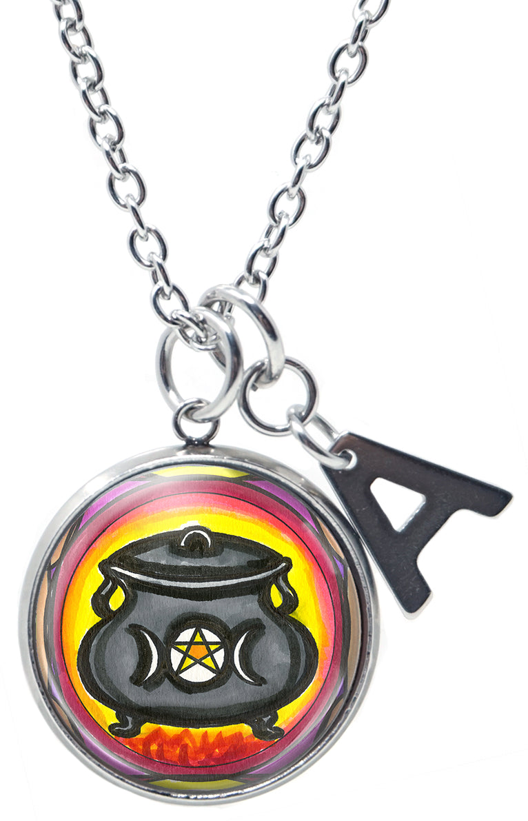 My Altar Triple Moon Pentacle Witch Cauldron Pendant & Initial Charm Steel 24" Necklace