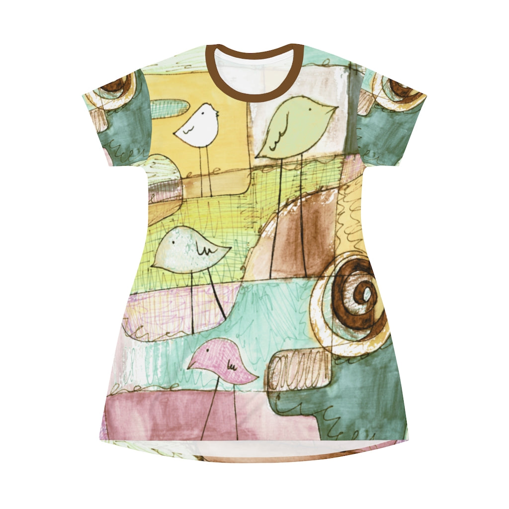 Whimsical Bird World Women's All Over Print T-Shirt Dress