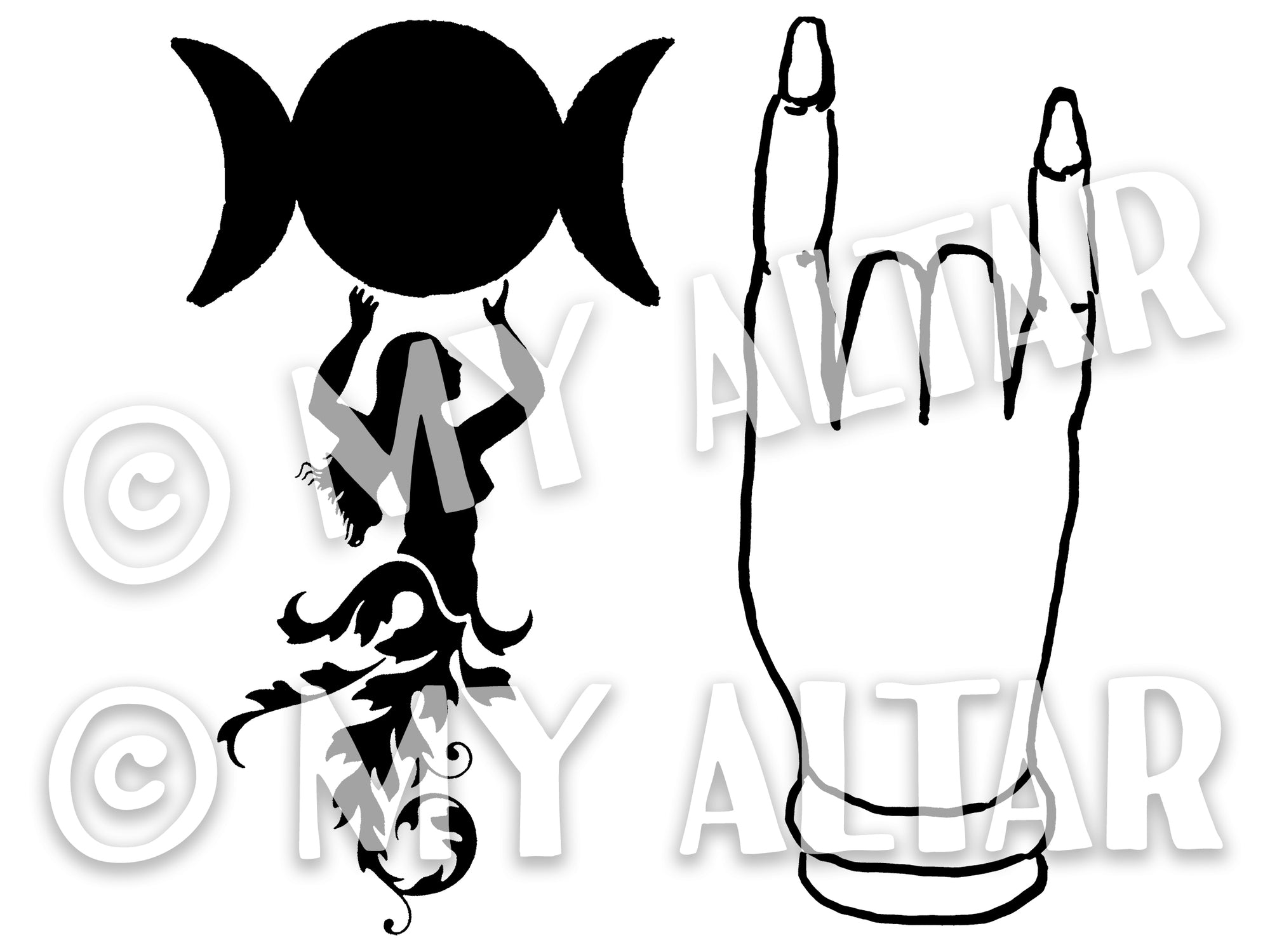 Set of 2 Large 5" Triple Moon Goddess and Mano Cornuto Witchcraft Protection Invocation Sigil Waterproof Temporary Tattoos
