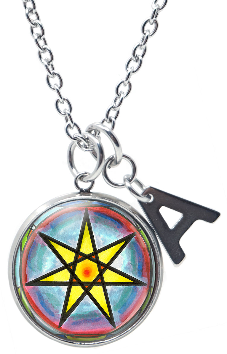 My Altar Fairy Faith Star Wiccan Septagram Pendant & Initial Charm Steel 24" Necklace