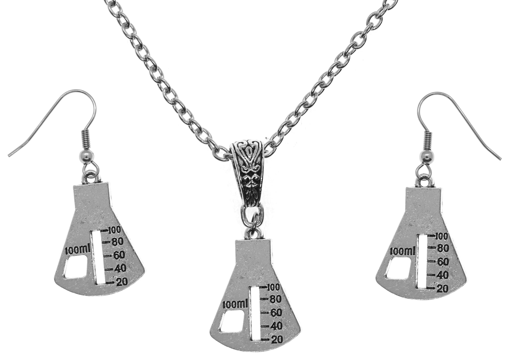 Big Medical Science Lab Beaker Silver Charm Chain Necklace and Earrings Set
