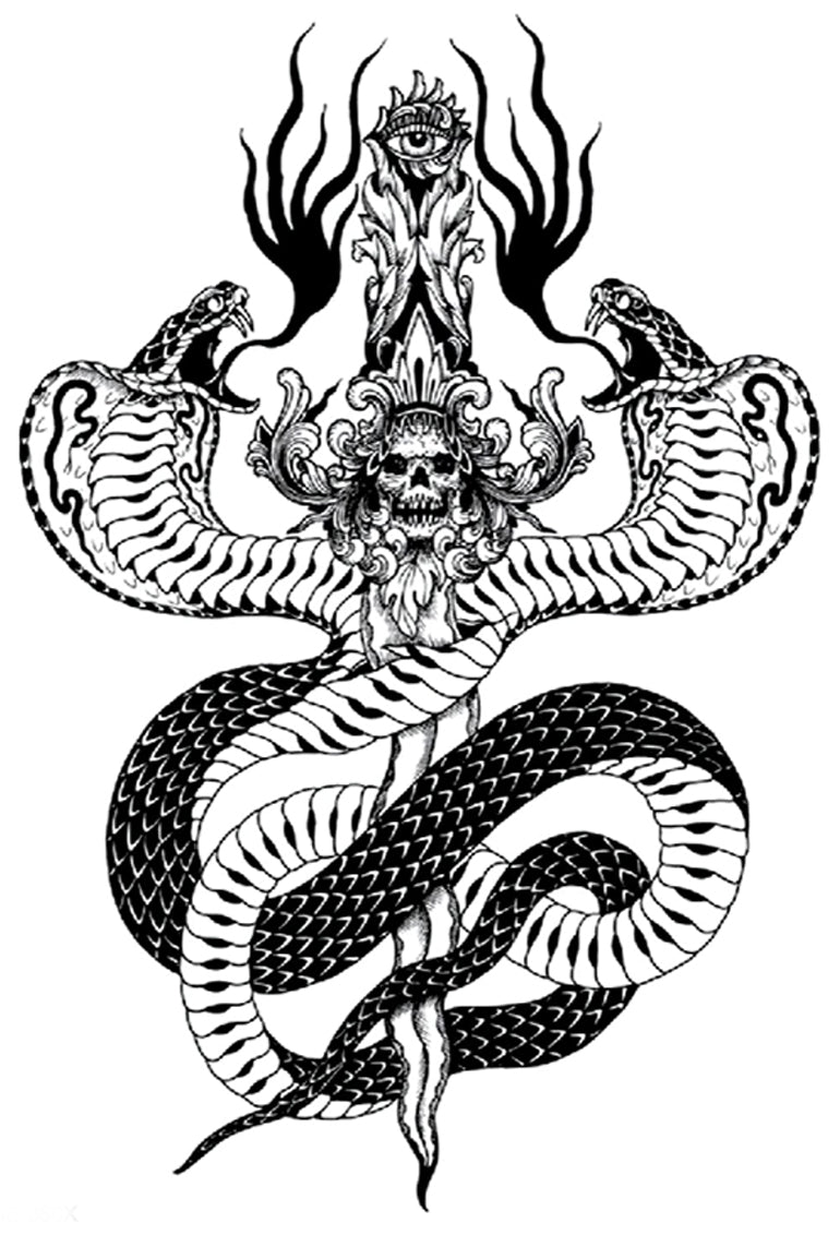 Cobra Snakes Skull Eye Power 5 1/4" x 8" Waterproof Temporary Tattoos