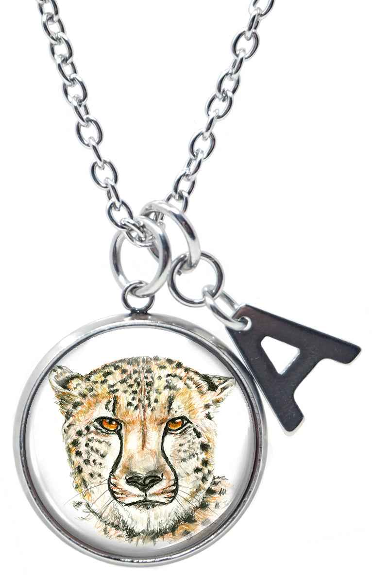 Cheetah Pendant & Initial Charm Steel 24" Necklace