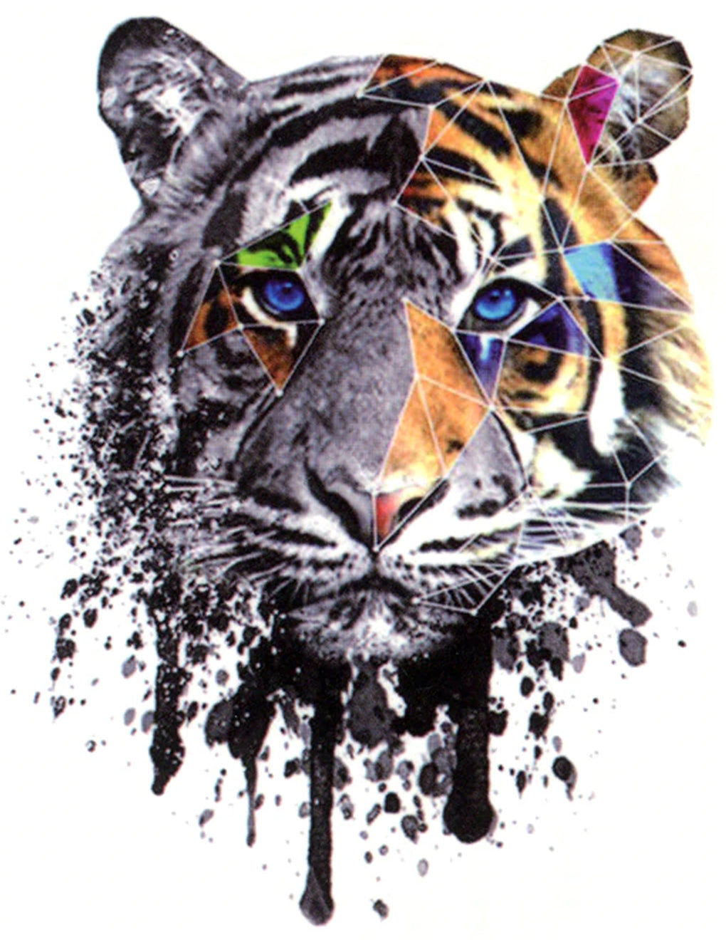 Tiger Portrait Splash Waterproof Temporary Tattoos 2 Sheets