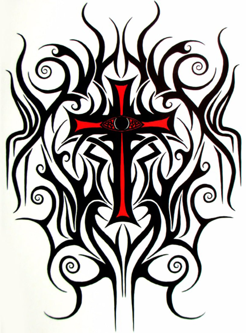 Tribal Design Red Eye Cross Large 5 1/2" x 7 1/2" Temporary Tattoos 2