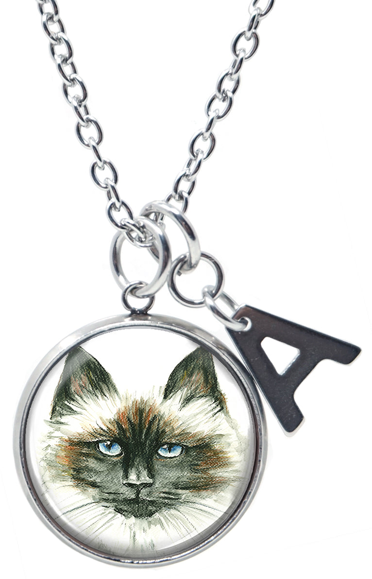 Himalayan Cat Pendant & Initial Charm Steel 24" Necklace