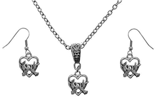 Small Love Doves Heart Silver Charm Chain Necklace and Earrings Set