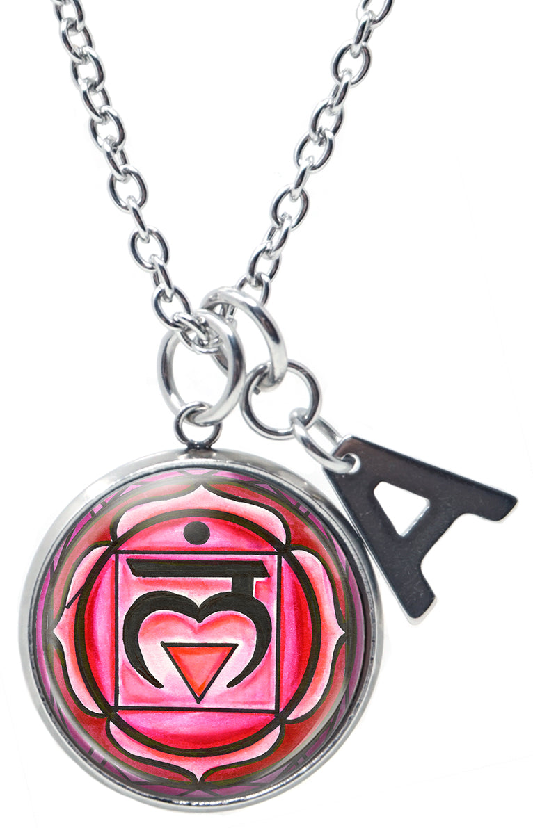 Muladhara 1st Chakra Red Love Root Pendant & Initial Charm Steel 24" Necklace